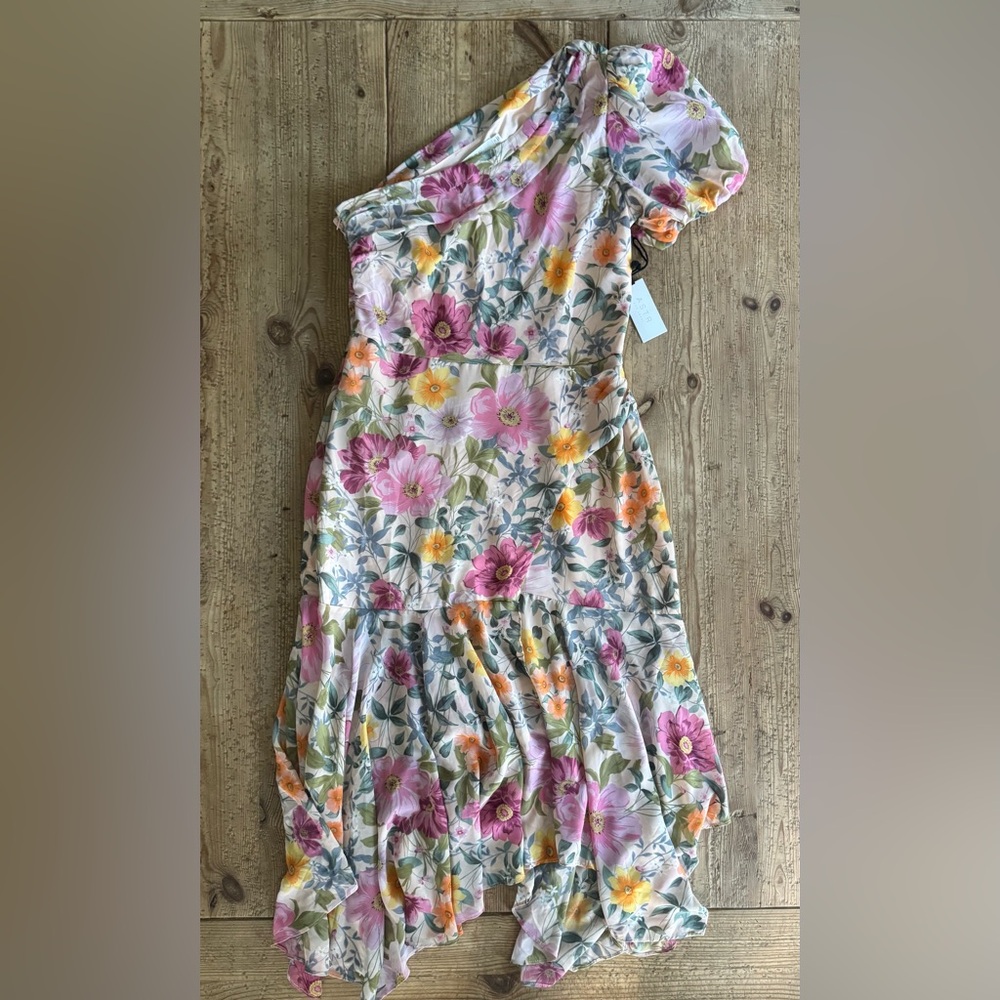 ASTR The Label Santorini One-Shoulder Dress in Taupe Fuchsia Multi Floral